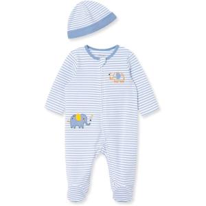 Little Me Baby Boy Clothes 2-Piece Baby Sleeper and Cap Set, 100% Cotton Footies Baby Essentials, Preemie to 9 months(Striped Elephants)