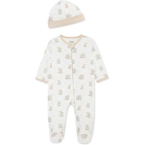 Little Me Baby Boy Clothes 2-Piece Baby Sleeper and Cap Set, 100% Cotton Footies Baby Essentials, Preemie to 9 months(White Fuzzy Bear)