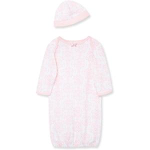 Little Me Clothes for Baby Girls’ 2-Piece Nightgown and Cap Set 100% Cotton with Elastic Bottom, Baby Essentials, 0-3 Months(Pink Damask)