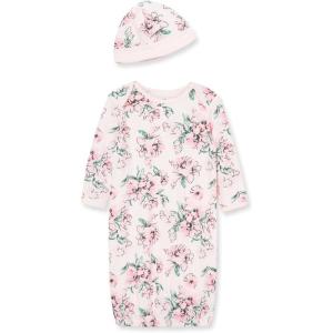 Little Me Clothes for Baby Girls’ 2-Piece Nightgown and Cap Set 100% Cotton with Elastic Bottom, Baby Essentials, 0-3 Months(Pink Floral)