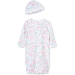 Little Me Clothes for Baby Girls’ 2-Piece Nightgown and Cap Set 100% Cotton with Elastic Bottom, Baby Essentials, 0-3 Months(Watercolor)