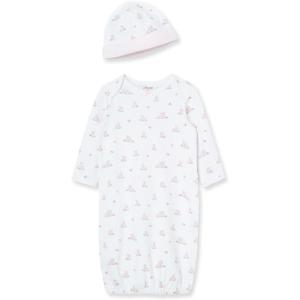 Little Me Clothes for Baby Girls’ 2-Piece Nightgown and Cap Set 100% Cotton with Elastic Bottom, Baby Essentials, 0-3 Months(White Print/Bunny)