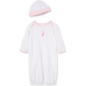 Little Me Clothes for Baby Girls’ 2-Piece Nightgown and Cap Set 100% Cotton with Elastic Bottom, Baby Essentials, 0-3 Months(White/Pink)