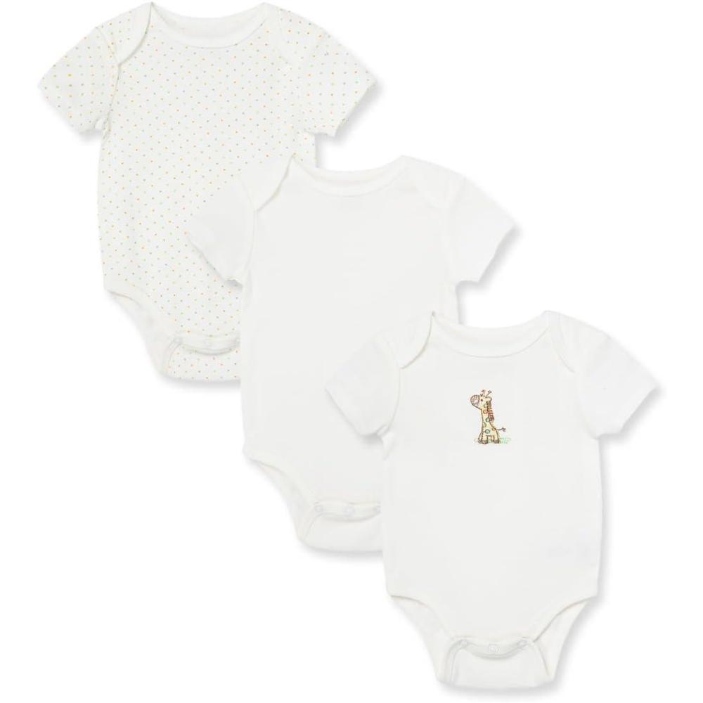 imageLittle Me Baby Gender Neutral 3Pack Short Sleeve Bodysuit Scratch Free 100 Cotton Quick Snap Closures Newborn to 9 MonthsGiraffe
