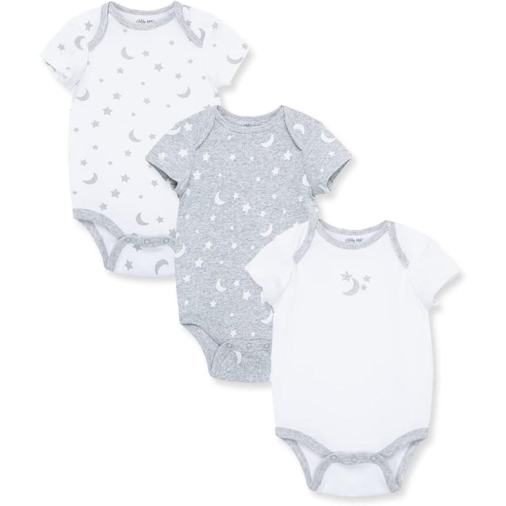 imageLittle Me Baby Gender Neutral 3Pack Short Sleeve Bodysuit Scratch Free 100 Cotton Quick Snap Closures Newborn to 9 MonthsGrey