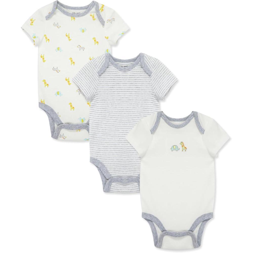 imageLittle Me Baby Gender Neutral 3Pack Short Sleeve Bodysuit Scratch Free 100 Cotton Quick Snap Closures Newborn to 9 MonthsIvory Safari