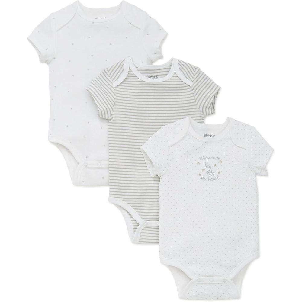 imageLittle Me Baby Gender Neutral 3Pack Short Sleeve Bodysuit Scratch Free 100 Cotton Quick Snap Closures Newborn to 9 MonthsWhite Print