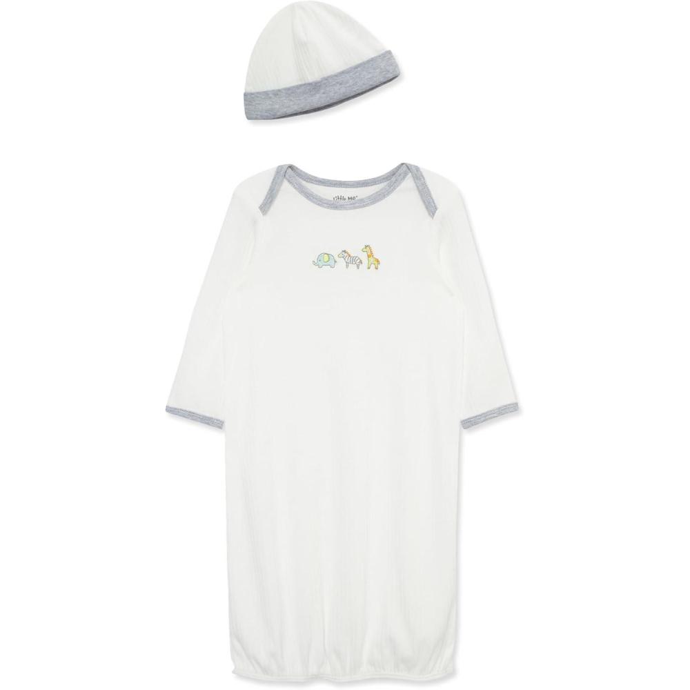 imageLittle Me Clothes Baby Gender Neutral 2Pc Nightgown and Cap Set 100 Cotton with Elastic Bottom Baby Essentials03 MonthsIvory Safari