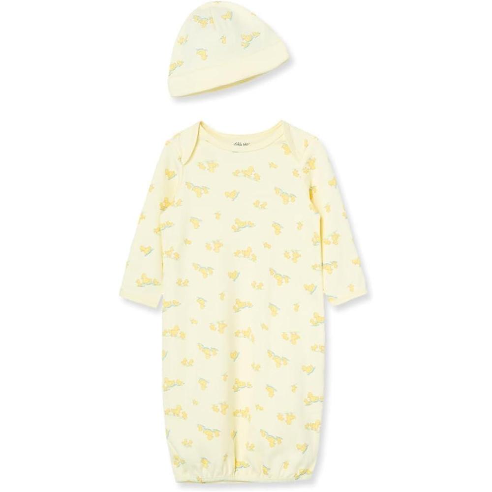 imageLittle Me Clothes Baby Gender Neutral 2Pc Nightgown and Cap Set 100 Cotton with Elastic Bottom Baby Essentials03 MonthsPear Sorbet Duckies