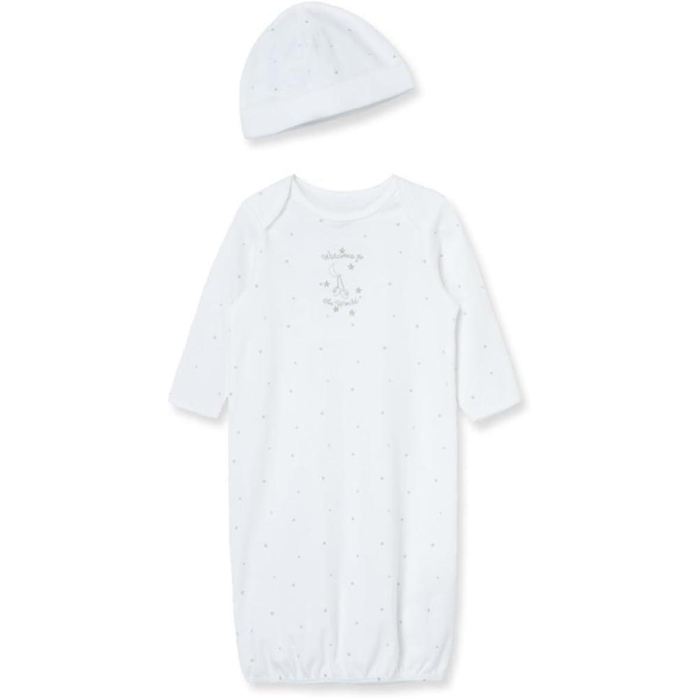 imageLittle Me Clothes Baby Gender Neutral 2Pc Nightgown and Cap Set 100 Cotton with Elastic Bottom Baby Essentials03 MonthsWhite