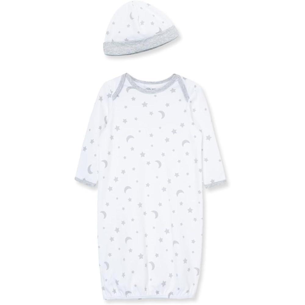 imageLittle Me Clothes Baby Gender Neutral 2Pc Nightgown and Cap Set 100 Cotton with Elastic Bottom Baby Essentials03 MonthsWhiteGrey