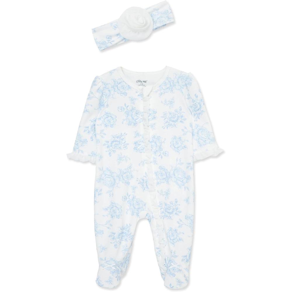 imageLittle Me Clothes for Baby Girls 100 Cotton 2Pc Zipper Closure Footie and Headband Set Baby Essentials Preemie to 9 MonthsBlue Roses
