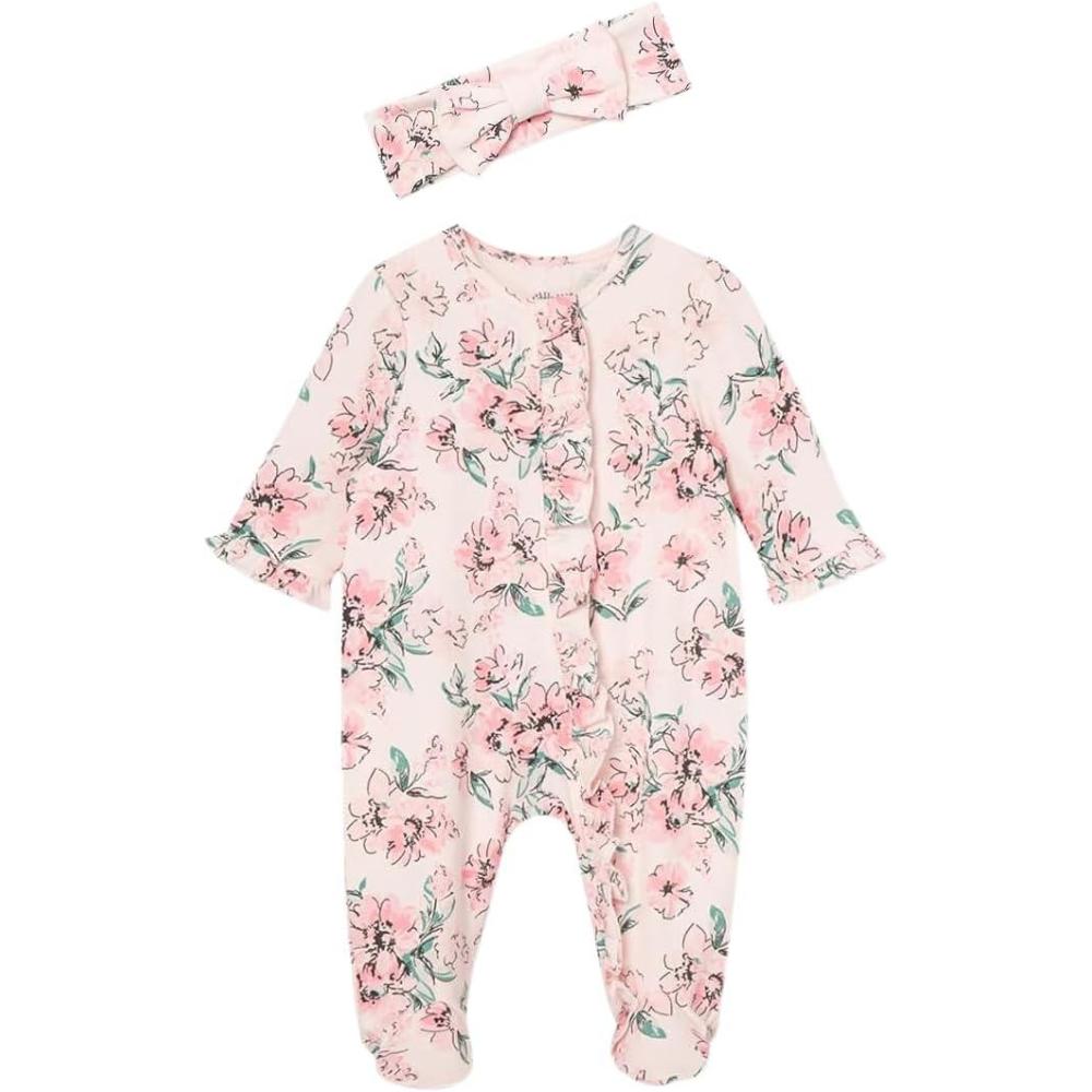imageLittle Me Clothes for Baby Girls 100 Cotton 2Pc Zipper Closure Footie and Headband Set Baby Essentials Preemie to 9 MonthsDream Floral