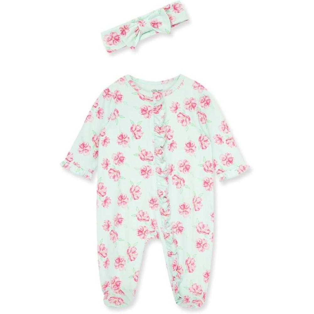 imageLittle Me Clothes for Baby Girls 100 Cotton 2Pc Zipper Closure Footie and Headband Set Baby Essentials Preemie to 9 MonthsRose Bloom