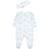 Little Me Clothes for Baby Girls 100% Cotton 2Pc Zipper Closure Footie and Headband Set, Baby Essentials, Preemie to 9 Months(Blue Roses)