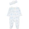 Little Me Clothes for Baby Girls 100% Cotton 2Pc Zipper Closure Footie and Headband Set, Baby Essentials, Preemie to 9 Months(Blue Roses)