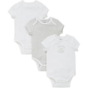Little Me Baby Gender Neutral 3-Pack Short Sleeve Bodysuit Scratch Free 100% Cotton, Quick Snap Closures, Newborn to 9 Months(White Print)