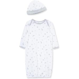 Little Me Clothes Baby Gender Neutral 2-Pc Nightgown and Cap Set 100% Cotton with Elastic Bottom, Baby Essentials,0-3 Months(White/Grey)