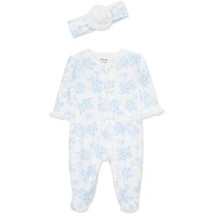 Little Me Clothes for Baby Girls 100% Cotton 2Pc Zipper Closure Footie and Headband Set, Baby Essentials, Preemie to 9 Months(Blue Roses)