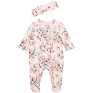 Little Me Clothes for Baby Girls 100% Cotton 2Pc Zipper Closure Footie and Headband Set, Baby Essentials, Preemie to 9 Months(Dream Floral)