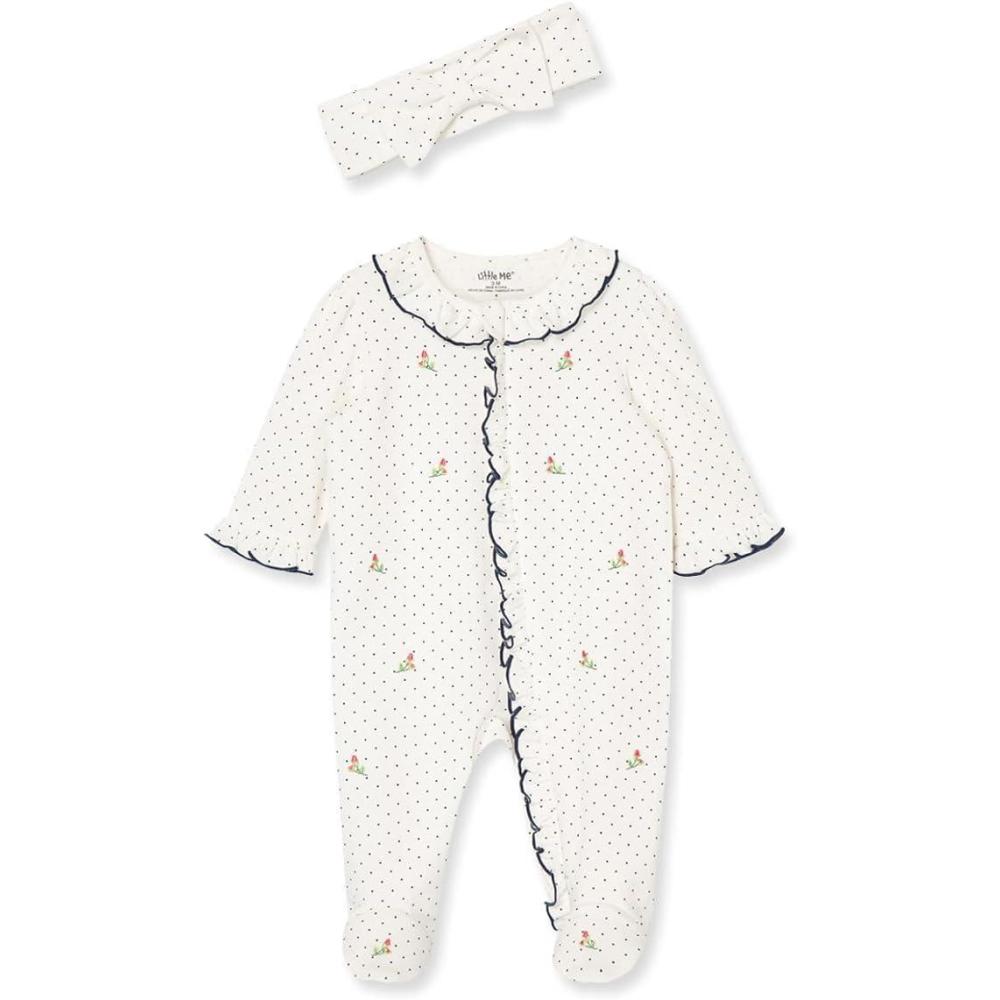 imageLittle Me Clothes for Baby Girls 100 Cotton 2Pc Zipper Closure Footie and Headband Set Baby Essentials Preemie to 9 Months