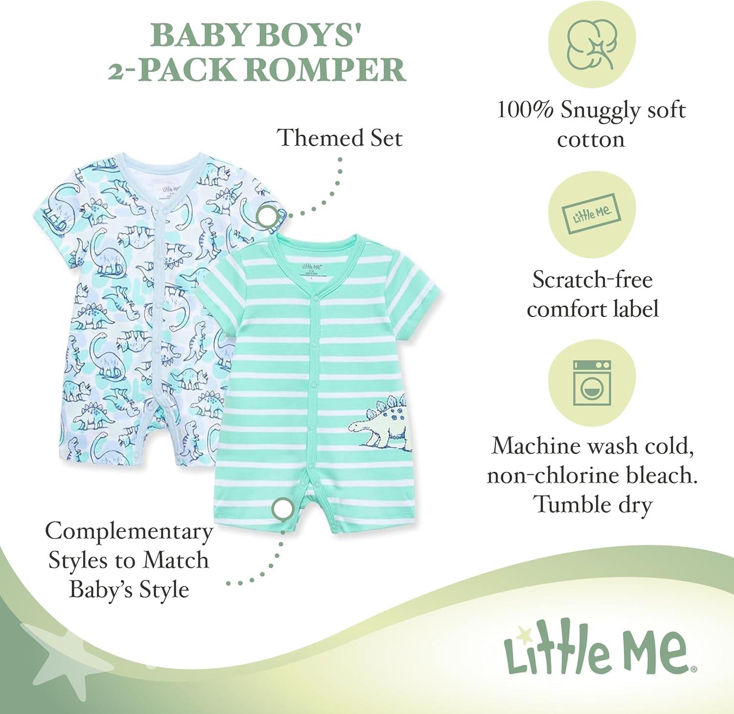 imageLittle Me Baby Boys 2pack of RompersDinosaur Green