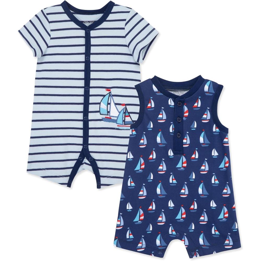 imageLittle Me Baby Boys 2pack of RompersBlueWhite Sailboats