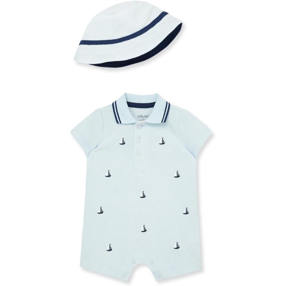 imageLittle Me Baby Boys 2piece Romper and Hat SetBlue Sailboats