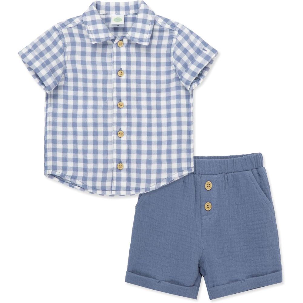imageLittle Me Clothes for Baby Boys Gauze Striped Button Down Shirt and Check Short Set 3 Months 12 MonthsInfinityMarshmallow