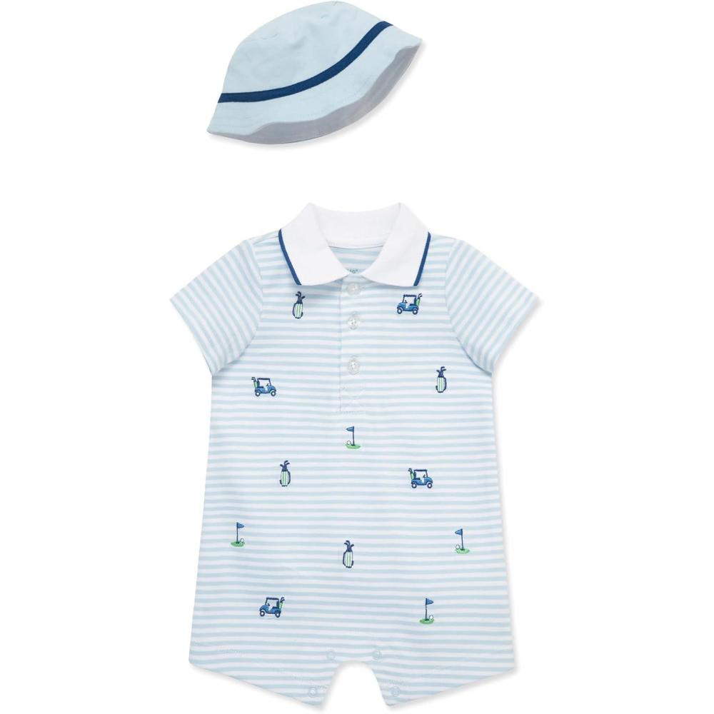 imageLittle Me Clothes for Baby Boys Soft Cotton Short Sleeve Romper Shirt and Coordinating Hat Set 3 to 12 MonthsNantucket Breeze