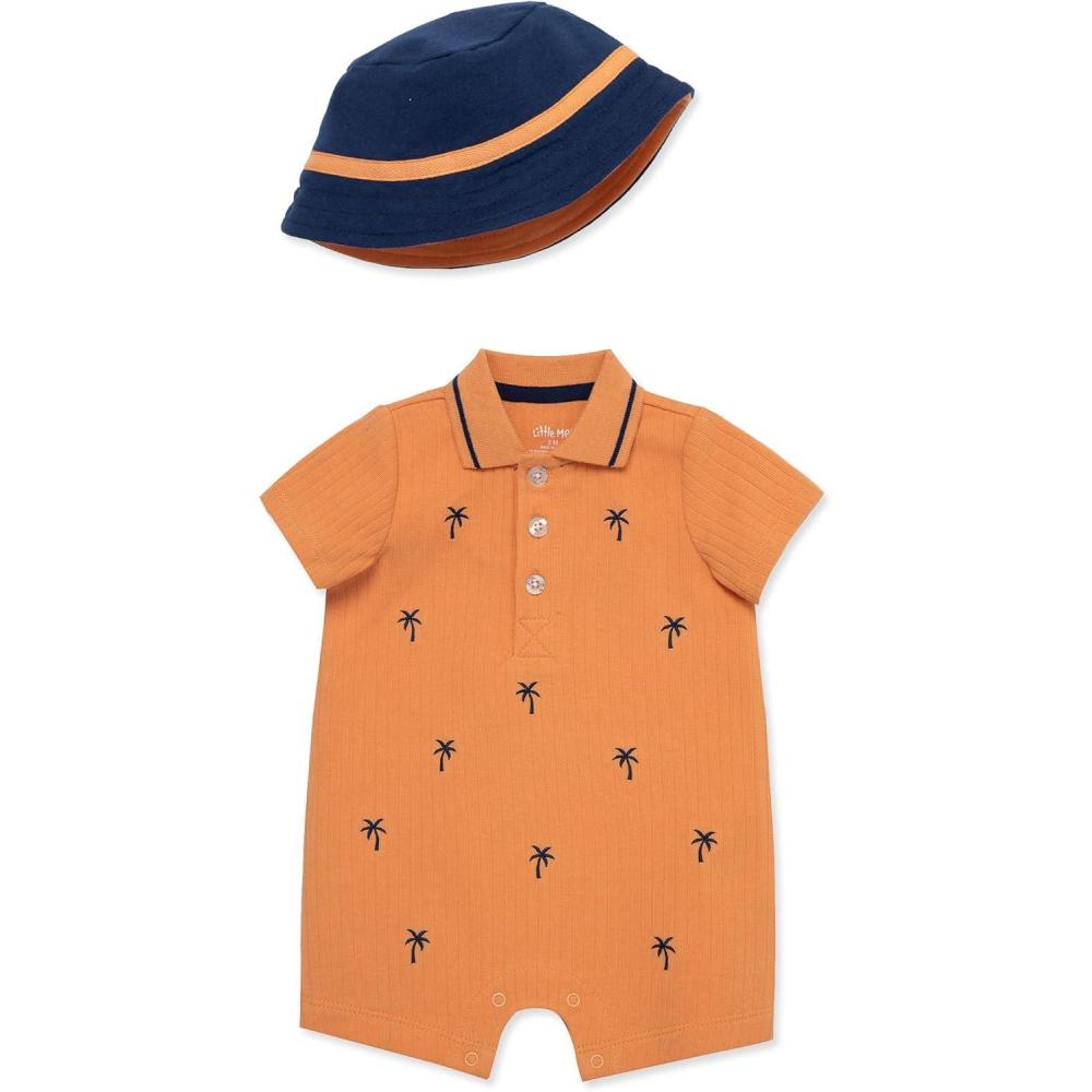 imageLittle Me Clothes for Baby Boys Soft Cotton Short Sleeve Romper Shirt and Coordinating Hat Set 3 to 12 MonthsOrange