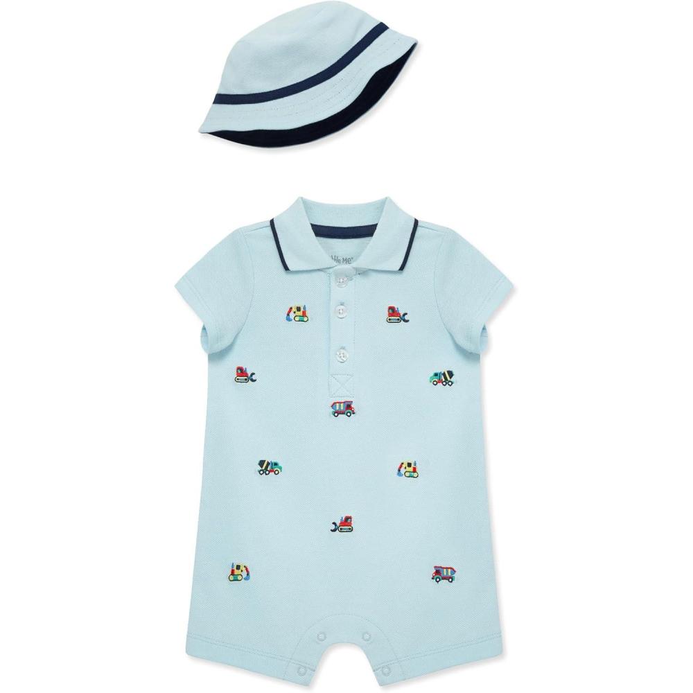 imageLittle Me Clothes for Baby Boys Soft Cotton Short Sleeve Romper Shirt and Coordinating Hat Set 3 to 12 MonthsPique BlieMedieval Blue