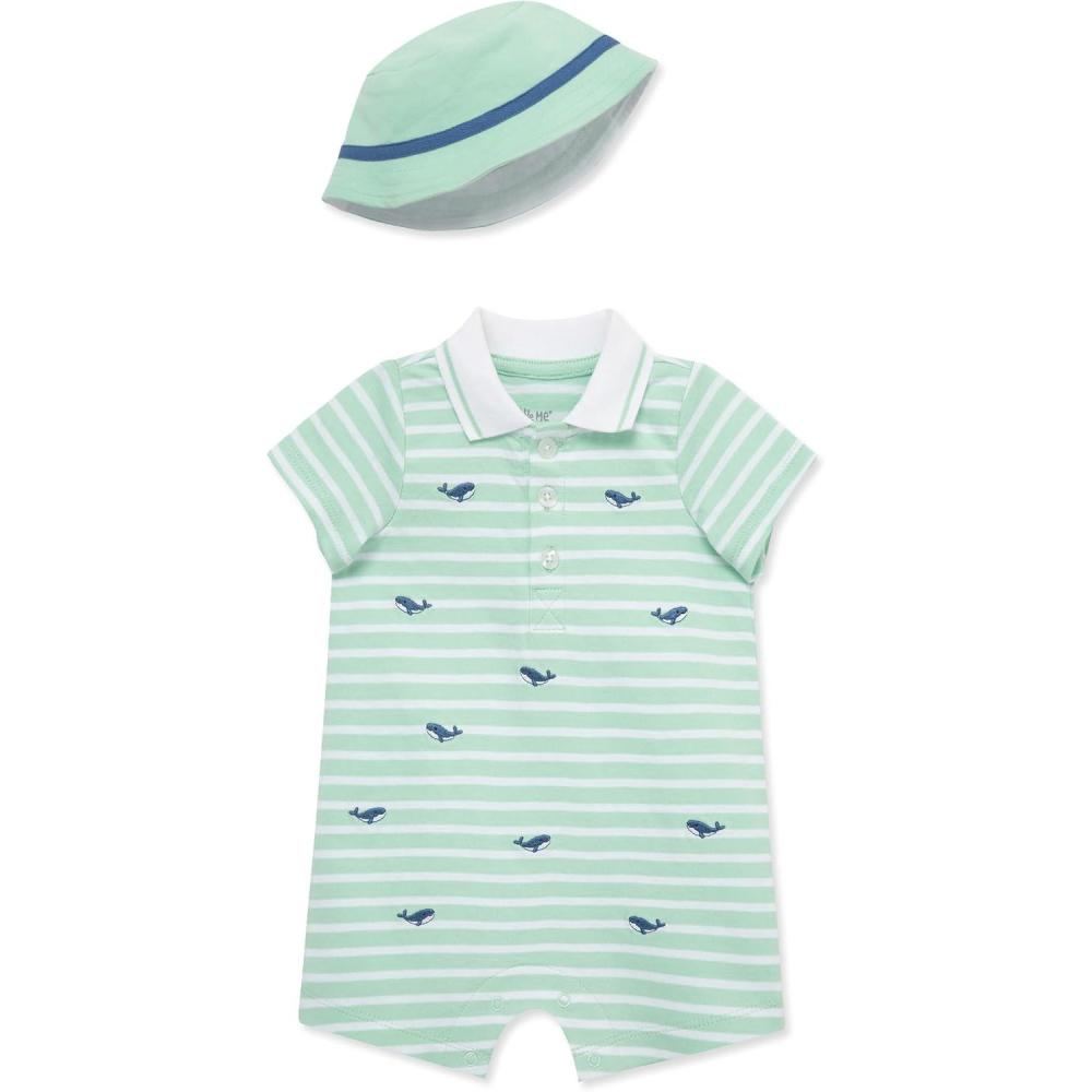 imageLittle Me Clothes for Baby Boys Soft Cotton Short Sleeve Romper Shirt and Coordinating Hat Set 3 to 12 MonthsYuccaWhite