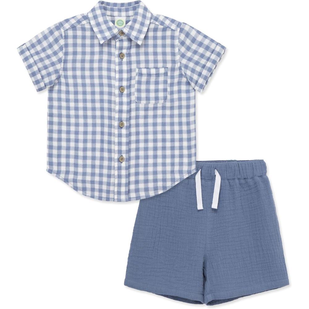 imageLittle Me Clothes for Baby Boys Woven Short and Button Down Shirt Set 12 Months 4 ToddlerBlue Infinity