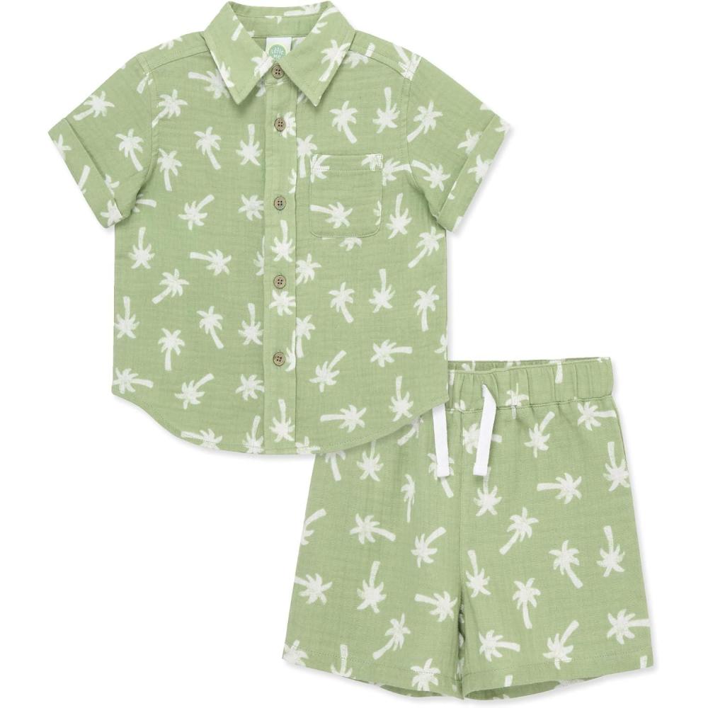 imageLittle Me Clothes for Baby Boys Woven Short and Button Down Shirt Set 12 Months 4 ToddlerGreen Reseda