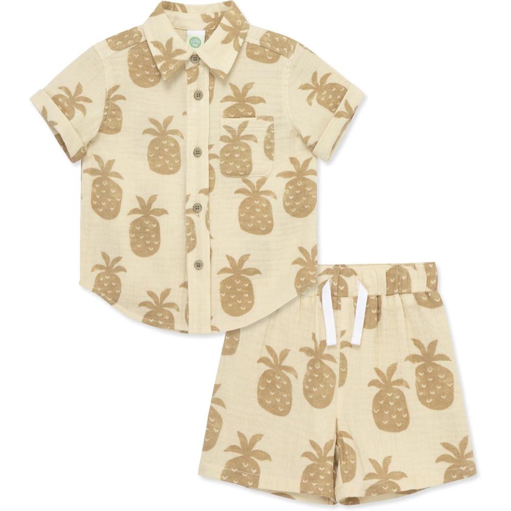 imageLittle Me Clothes for Baby Boys Woven Short and Button Down Shirt Set 12 Months 4 ToddlerSmoke Grey