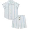 Little Me Clothes for Baby Boys’ Gauze Striped Button Down Shirt and Check Short Set, 3 Months – 12 Months(Placid Blue/Icy Mom)