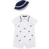 Little Me Clothes for Baby Boys’ Soft Cotton Short Sleeve Romper Shirt and Coordinating Hat Set, 3 to 12 Months(White/Medieval Blue)