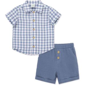 Little Me Clothes for Baby Boys’ Gauze Striped Button Down Shirt and Check Short Set, 3 Months – 12 Months(Infinity/Marshmallow)