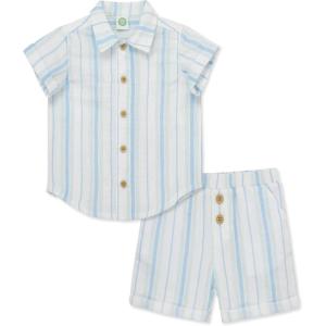 Little Me Clothes for Baby Boys’ Gauze Striped Button Down Shirt and Check Short Set, 3 Months – 12 Months(Placid Blue/Icy Mom)