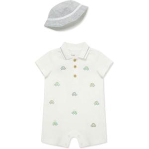 Little Me Clothes for Baby Boys’ Soft Cotton Short Sleeve Romper Shirt and Coordinating Hat Set, 3 to 12 Months(Marshmallow/Soft Heather Grey)