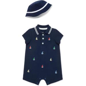 Little Me Clothes for Baby Boys’ Soft Cotton Short Sleeve Romper Shirt and Coordinating Hat Set, 3 to 12 Months(Medieval Blue/White)