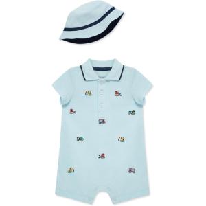Little Me Clothes for Baby Boys’ Soft Cotton Short Sleeve Romper Shirt and Coordinating Hat Set, 3 to 12 Months(Pique Blie/Medieval Blue)