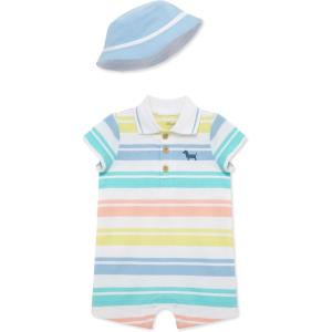 Little Me Clothes for Baby Boys’ Soft Cotton Short Sleeve Romper Shirt and Coordinating Hat Set, 3 to 12 Months(White/Blue Bell)