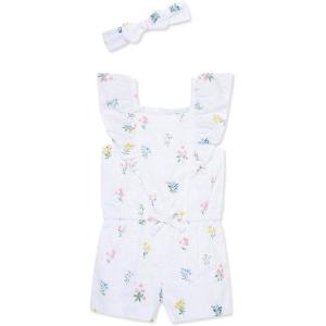 Little Me Clothes for Baby Girls’ 100% Cotton Woven Romper and Headband Set, 12 Months to 4 Toddler(Bright White Floral)