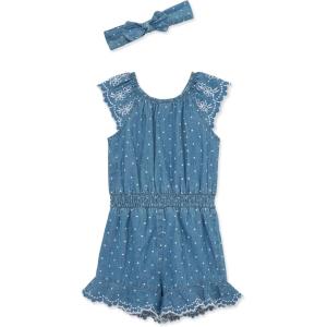 Little Me Clothes for Baby Girls’ 100% Cotton Woven Romper and Headband Set, 12 Months to 4 Toddler(Chambray Blue)