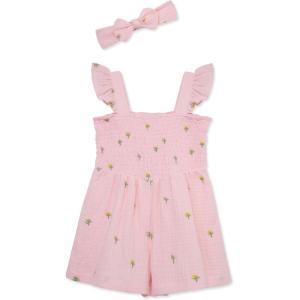Little Me Clothes for Baby Girls’ 100% Cotton Woven Romper and Headband Set, 12 Months to 4 Toddler(Mary’s Rose)