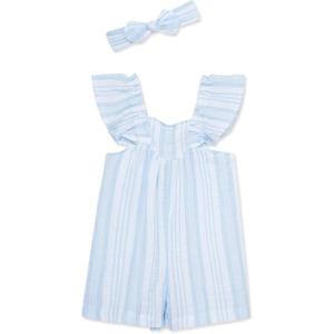 Little Me Clothes for Baby Girls’ 100% Cotton Woven Romper and Headband Set, 12 Months to 4 Toddler(Placid Blue)