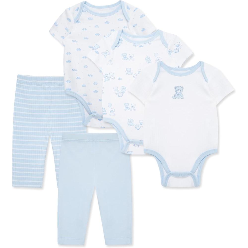 imageLittle Me Clothes for Baby Boys and Girls 100 Organic Cotton 5PC Bodysuit and Pant Set Baby Shower Essentials NB to 9MBlue