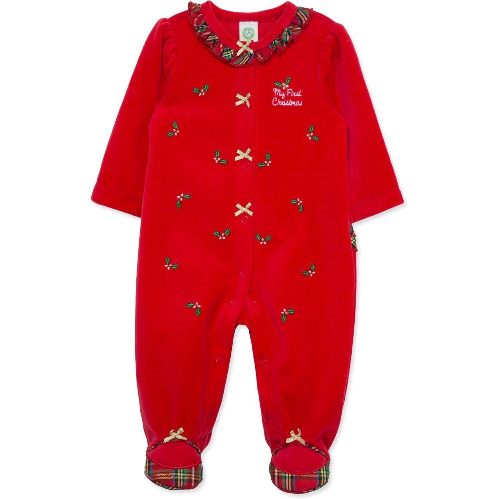 imageLittle Me Clothes for Baby Boys and Girls Holiday Footies Rompers Sleepers Newborn to 6 MonthsHolly Plaid